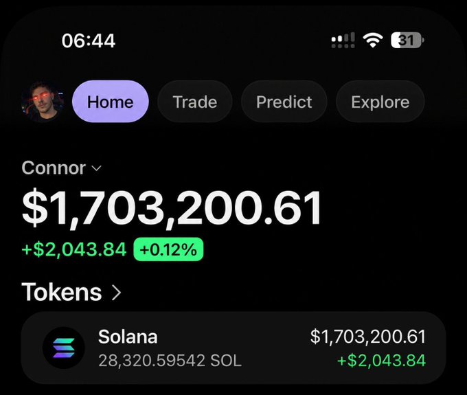 A mobile screenshot of a crypto portfolio app shows user "Connor" with a balance of $1,703,200.61, holding 28,320.59542 SOL (Solana), up $2,043.84 (+0.12%) on the Home tab. The image highlights the account holder's substantial crypto wealth, seemingly to demonstrate their ability to send the $500 giveaway mentioned in the post.
