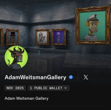 A screenshot of the verified AdamWeitsmanGallery X (Twitter) profile (@AdamWeitsman) from November 2025, showcasing a 3D virtual gallery room with framed digital artwork portraits hanging on the walls, including a prominent monkey character painting that reflects the post's theme of touring a digital art museum and sending NFT gifts.