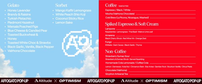 A menu board for an Affogato Pop-Up event hosted by Altitude × Optimism, featuring gelato flavors like Honey Lavender and Brandy & Raisins, sorbets including Mango Kaffir Lemongrass, plus coffee, spiked espresso, and non-coffee drinks, set against a pixelated cloud design with a "99" logo—tying into the post's excitement about over 1,200 registrations for the event.