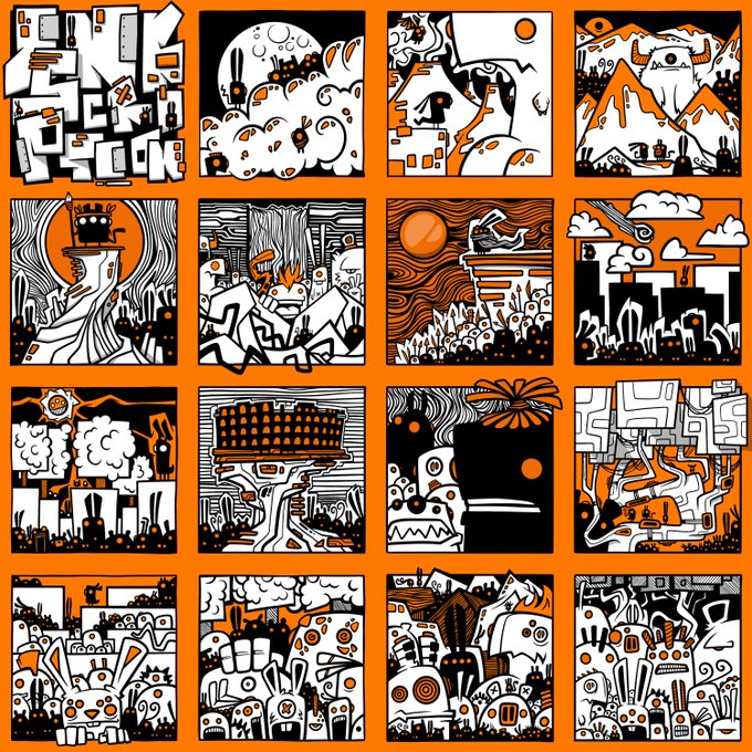 A grid of sixteen abstract illustrations in black, white, and orange, featuring surreal imagery of landscapes, clouds, mountains, eyes, and geometric patterns.