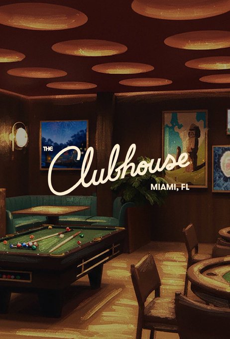 The image shows a pool room or bar area of a clubhouse, featuring a pool table surrounded by chairs. The room has a cozy atmosphere, with a green couch and a potted plant adding to its ambiance. There are also several paintings on the walls, enhancing the visual appeal of the space. The post about Apefest suggests that this is an intimate setting where people can enjoy small gatherings or events in a relaxed environment.