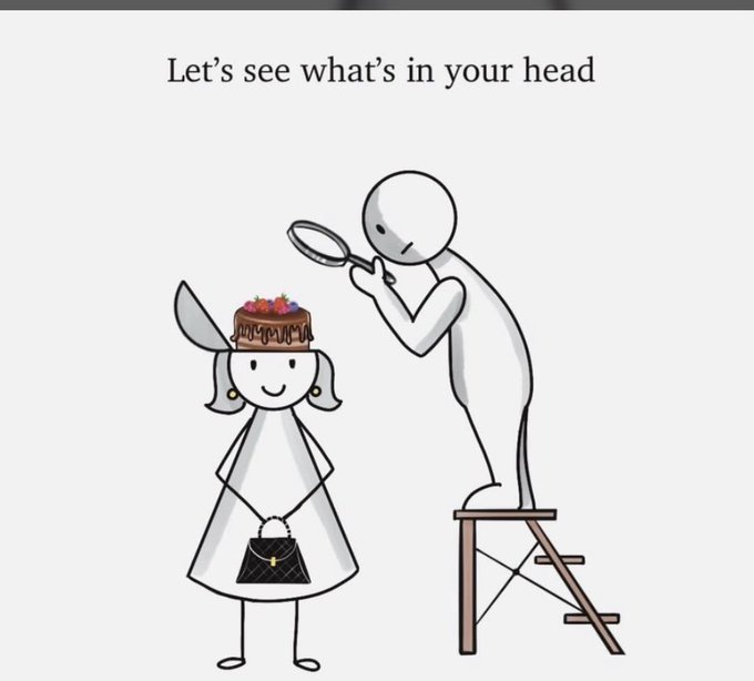 A black and white stick figure illustration with the caption 'Let's see what's in your head' showing a figure with a magnifying glass peering into the open top of another figure's head.