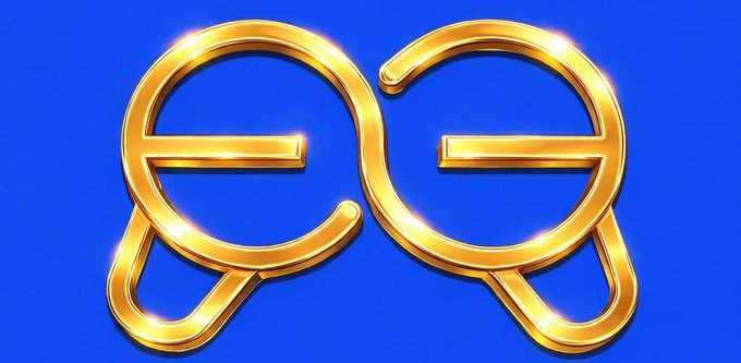 Two shiny, mirrored golden letters 'e' and 'e' displayed on a bright blue gradient background.