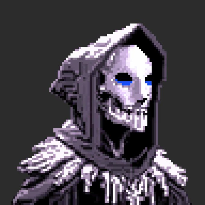 Pixel art of a sinister grim reaper figure with a hooded skull face featuring glowing blue eyes.