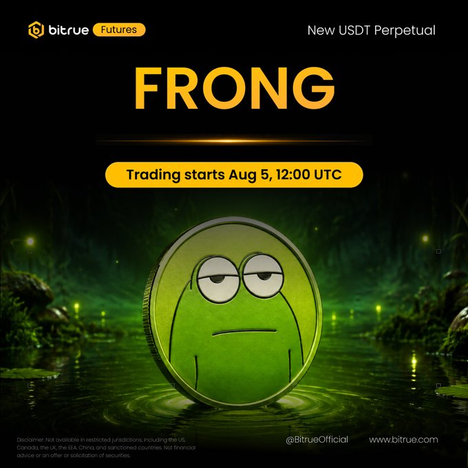 The image is a Bitrue Futures promotional banner announcing the new $FRONG/USDT perpetual contract, featuring a green cartoon frog coin with a grumpy expression sitting in water, with "Trading starts Aug 5, 12:00 UTC" displayed prominently in yellow. The branding matches the post's announcement of the meme token listing on the Robinhood Chain with up to 10× leverage.