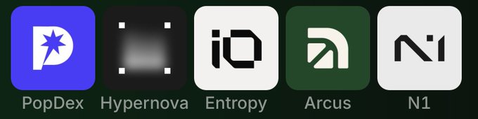 A row of five branded app icons labeled PopDex (with a star logo), Hypernova, Entropy, Arcus, and N1, representing the "Top 5 Most Underrated Perpetual Dex" highlighted in the post, with PopDex featured first to emphasize its $30M funding from Foresight Ventures and potential association with Bitget.