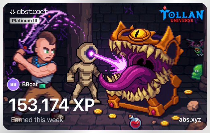 The image features an illustration of two boys playing with toy sword and gun characters in a video game, which appears to be called "Tollan Universe". They are fighting against a monster-like creature that has sharp teeth. The monster seems to have glowing purple eyes, which gives it the appearance of a firefly or other glowing insects. 

In addition to the boys' characters and their sword and gun, there is a small amount of currency, possibly coins or gold, located in the middle area of the scene. A post on social media has been shared with the image, containing information about a game's achievement where the players have collected 155,174 XP over the week. The post also mentions that this week was particularly good for the gamers' HP.
