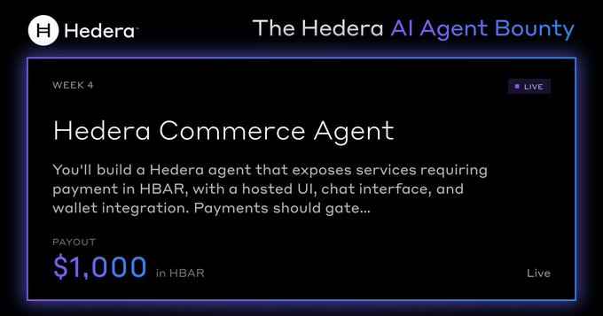 The image features a post from a campaign called "Thehedera AI Agent Bounty". It appears to be an advertisement for a new platform that allows users to build their own commerce agents. The post includes an image of a screen with text detailing the process, including a $1K bounty for submissions made on June 14th at 11:59 PM UTC. The campaign seems to focus on fostering creativity and rewarding users who contribute to the development of AI-powered commerce agents.