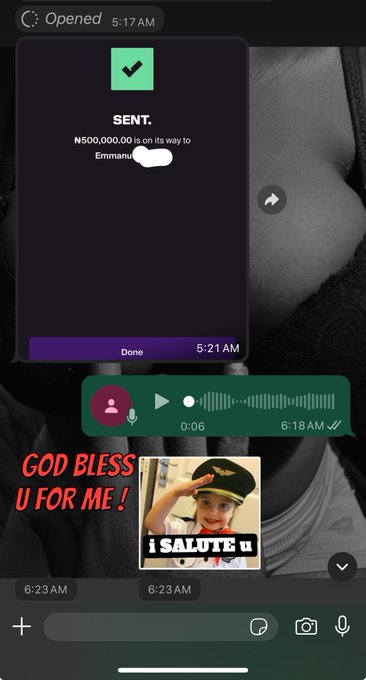 A screenshot of a chat showing a ₦500,000 sent confirmation with a voice note reply of "GOD BLESS U FOR ME!" alongside a meme of a child saluting captioned "I SALUTE U." The image humorously illustrates the gratitude recipients feel for generous crypto/web3 support, reinforcing the post's message to invest in supportive web3 friends.