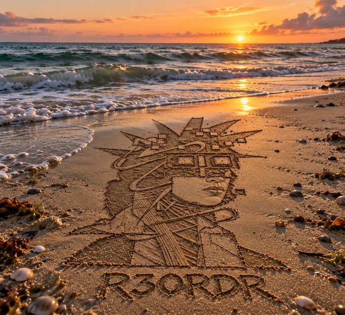 A beach scene at sunset with intricate sand art depicting a stylized face with a crown and the text 'R3ORDR' carved into the wet sand, while gentle waves wash the shore.