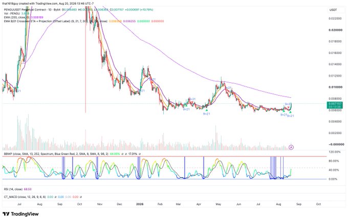 A TradingView chart showing the PENGU/USDT Perpetual Future contract on Binance, displaying bullish pennant patterns and technical indicators.