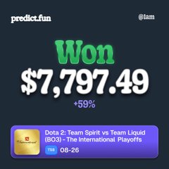 A predict.fun winning notification showing 'Won $7,797.49 +59%' on a bet for Dota 2: Team Spirit vs Team Liquid (BO5) - The International Playoffs at 00:26.