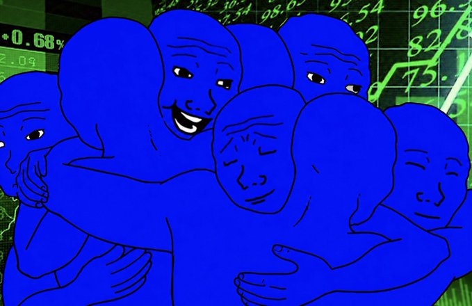 A group of blue Wojak characters are tenderly embracing each other with happy and content expressions, set against a backdrop of a rising green stock chart displaying percentages like 2.0%, 0.68%, and figures such as 96.4, 95.54, and 82.6. The image evokes an "soon" mood of anticipated relief and camaraderie, suggesting investors or fans patiently waiting for a long-awaited market breakout or positive news that will bring joyful celebrations.