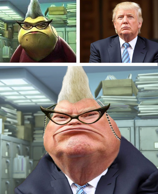 A humorous image combines features of the animated character Roz from Monsters, Inc. with Donald Trump, showing them with matching glasses and hairstyles.