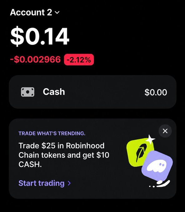 A Robinhood investment account screenshot showing a $0.14 balance with a -2.12% decline and $0.00 cash, accompanied by a promotional banner offering $10 CASH for trading $25 in Robinhood Chain tokens via Phantom Wallet to claim a first-come-first-served reward.