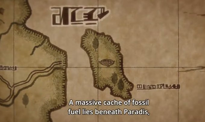 A weathered treasure map with Japanese text and decorative symbols is displayed, accompanied by the English subtitle: "A massive cache of fossil fuel lies beneath Paradise,"