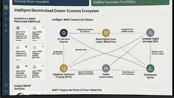 Dashboard showing an 'Intelligent Decentralized Creator Economy Ecosystem' with Web3 connectivity schema, autonomous agents, NFTs, and AI inference engines.