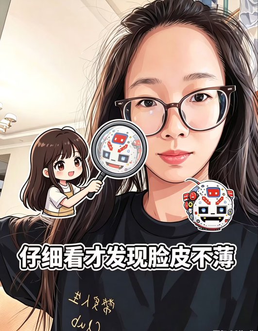 A selfie of a young woman with glasses showing a cartoon character examining her face with a magnifying glass, accompanied by Chinese text '仔细看才发现脸皮不薄' (Only after careful inspection did I discover my skin isn't thin) and another cartoon hockey mask character.