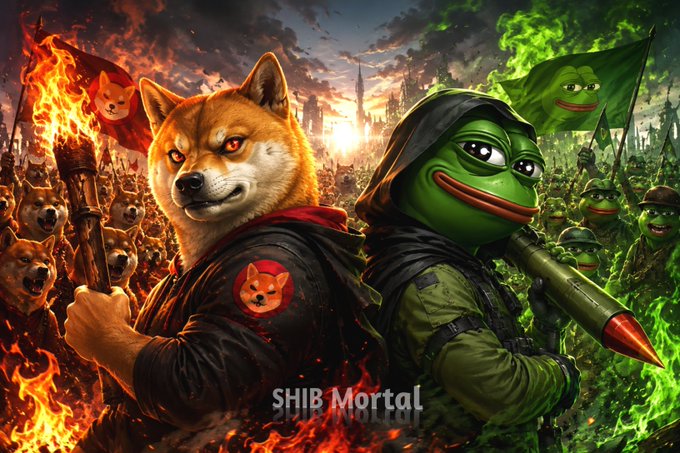 A dramatic battle scene featuring a Shiba Inu warrior wielding a fiery torch on the left and a hooded Pepe frog soldier armed with a rocket on the right, with "SHIB Mortal" text at the bottom. The image visually captures the post's framing of $SHIB and $PEPE as rival meme coin armies clashing for market dominance.