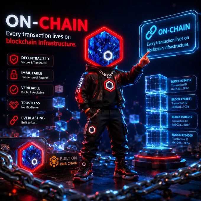 A futuristic character in a hexagonal helmet stands before floating blockchain blocks, with text reading 'ON-CHAIN: Every transaction lives on blockchain infrastructure' and attributes like 'DECENTRALIZED', 'IMMUTABLE', and 'TRUSTLESS'.