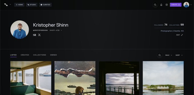 A dark-themed profile page for 'Kristopher Shinn' (@kristophershinn) displays follower and collection counts, social links, and a row of landscape photo thumbnails.