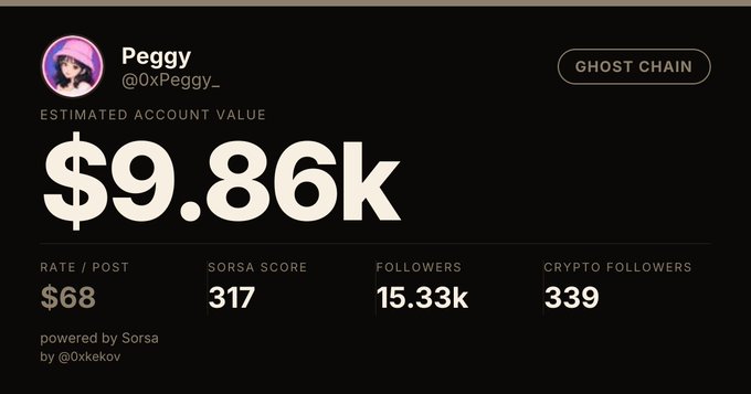 A Sorsa dashboard for Twitter user Peggy (@0xPeggy_) showing an estimated account value of $9.86k, a Sorsa score of 317, 15.33k followers, and 339 crypto followers, with a 'GHOST CHAIN' badge.