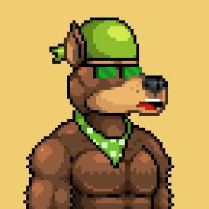 Pixel art illustration of a muscular brown dog/bear character wearing a green bandana, green sunglasses, and a green cap, against a tan background.