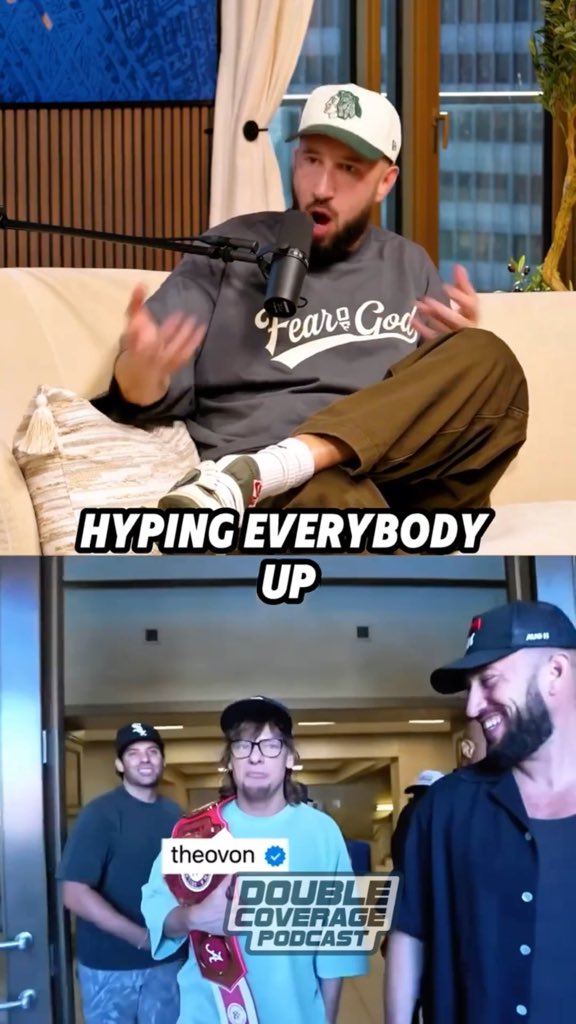 A two-panel meme featuring a podcast host with the text 'HYPING EVERYBODY UP' on top, and a screenshot from the Double Coverage Podcast showing 'theovon' below.