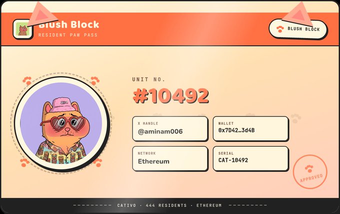 A 'Resident Paw Pass' certificate for a cartoon cat character (#10492) with X handle @aminam006, wallet 0x7042...3d48, on the Ethereum network.