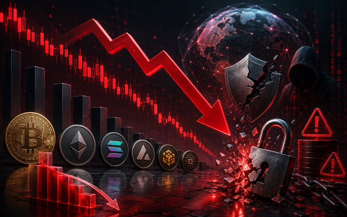 A dramatic crypto market graphic showing downward red candlestick charts and a large arrow, alongside cryptocurrency coins (Bitcoin, Ethereum, Solana), a broken shield, a cracked padlock, and a hooded hacker figure.