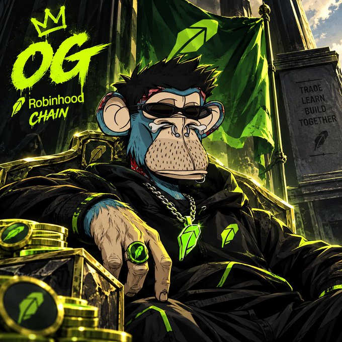 A stylized illustration of a cartoon monkey wearing sunglasses, sitting on a throne of coins with a green flag, branded 'OG Robinhood CHAIN' and 'TRADE LEARN BUILD TOGETHER'.
