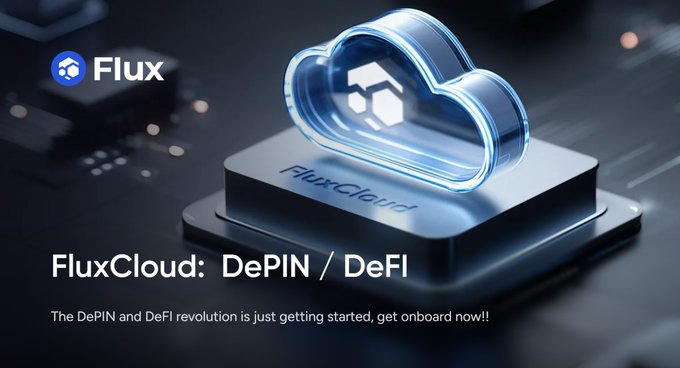 A sleek promotional graphic for "FluxCloud: DePIN / DeFi" featuring a glowing 3D cloud icon atop a metallic base labeled "FluxCloud," set against a dark circuit-board backdrop with the tagline "The DePIN and DeFi revolution is just getting started, get onboard now!!" The futuristic tech imagery visually reinforces the post's theme of explaining how decentralized physical infrastructure networks (DePIN) work, using Flux's cloud platform as the example.