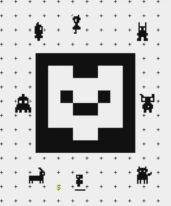 A pixel art illustration featuring a large stylized white bear face on a grid background, surrounded by smaller pixel art figures including creatures, ghosts, a dog, and a cat.