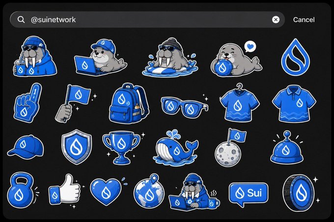 A screenshot of a sticker pack search for '@suinetwork' showing blue-themed stickers with walruses and the Sui water drop logo.