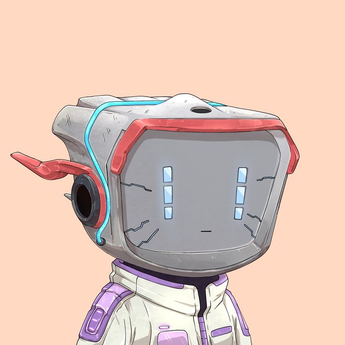 A digital illustration of a small robot character with a gray, cracked monitor-like face displaying two simple dot eyes, wearing a white and purple suit against a peach background.