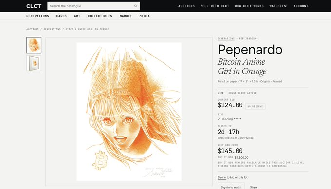 An online auction listing on CLCT for a 'Pepenardo Bitcoin Anime Girl in Orange' pencil on paper, showing a current bid of $124 and a next bid of $145.