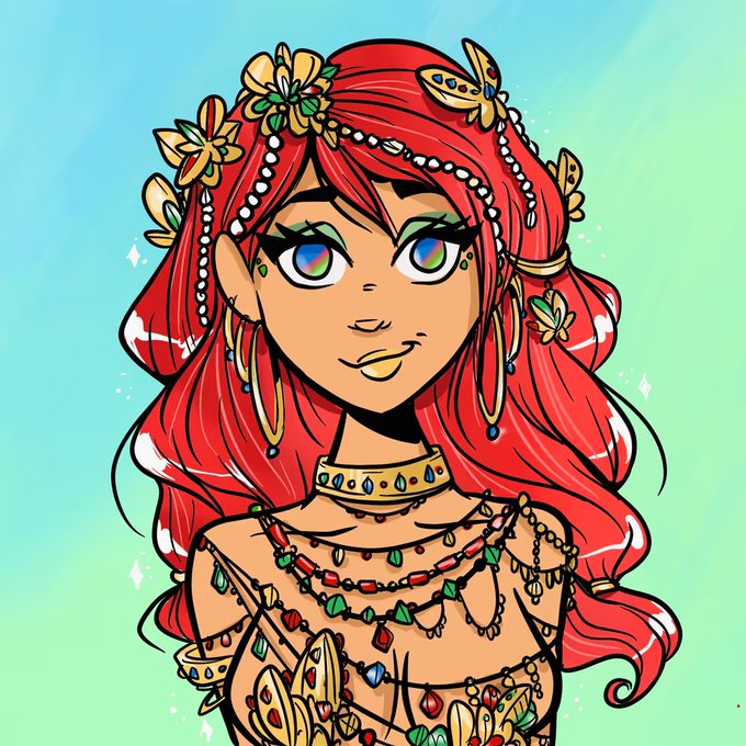 Stylized digital artwork of a woman with flowing red hair adorned with golden flowers and jewels, wearing an elaborate jeweled dress and necklace.