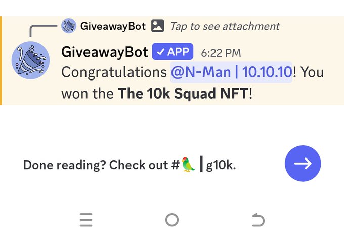 The image displays a post that appears to be a screenshot of a cellphone app called "Github Bot" that was recently used for purchasing an item, possibly NFTs or cryptocurrencies. The post includes text congratulating the user and giving them a high five. Additionally, there is a small picture of a bird on the screen, which may have been a part of the game they were playing. This image also shares a link to the app itself with a description of its usage. Overall, the post has a positive vibe, celebrating a win or accomplishment related to NFTs or cryptocurrencies.