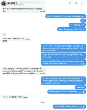 Screenshot of a Twitter/X direct message conversation between "BillyXBT" and another user, showing a series of back-and-forth messages about a "BillyXBT" interview request, a suspicious Streamyard link, and false claims about Google Meet permissions, related to the user's warning about a scam attempt involving a fake podcast invitation.