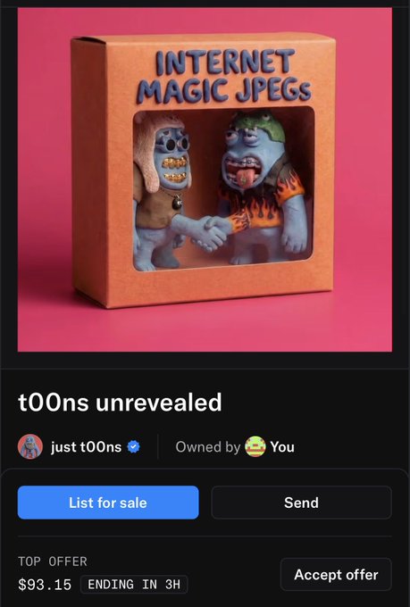 An NFT listing interface titled 'tOOns unrevealed' by 'just tOOns', showing a 3D-rendered box labeled 'INTERNET MAGIC JPEGs' with cartoon characters inside, priced at a top offer of $93.15.