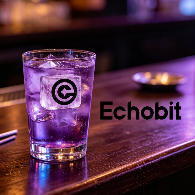 A glass of ice water with condensation sits on a dimly lit bar counter beside a small dish, with the text "Echobit" displayed prominently next to a logo featuring a stylized "e" on one of the ice cubes. The moody, purple-hued lighting evokes a late-night crypto discussion setting, fitting the post's theme about countries competing to become the next digital asset hub—Echobit positioning itself as part of that evolving landscape.