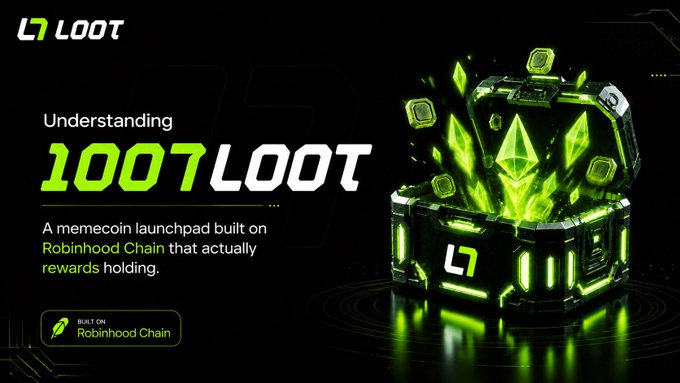 A promotional graphic for '1007LOOT', described as 'A memecoin launchpad built on Robinhood Chain that actually rewards holding,' featuring a glowing treasure chest of green gems.