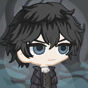 A chibi-style digital illustration of a character with messy black hair, large blue eyes, and a serious expression, wearing a black coat against a dark, smoky background.