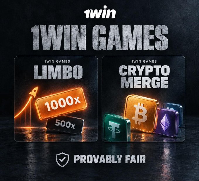 Promotional graphic for '1WIN GAMES' featuring two games, LIMBO (with 1000x and 500x multipliers) and CRYPTO MERGE (with BTC, ETH, USDT, and LTC icons), labeled 'PROVABLY FAIR'.