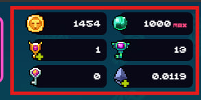 A game inventory display showing in-game resources including 1454 coins, 1000 milk, 1 pink potion, 13 purple potions, and 0.0119 of a blue resource.