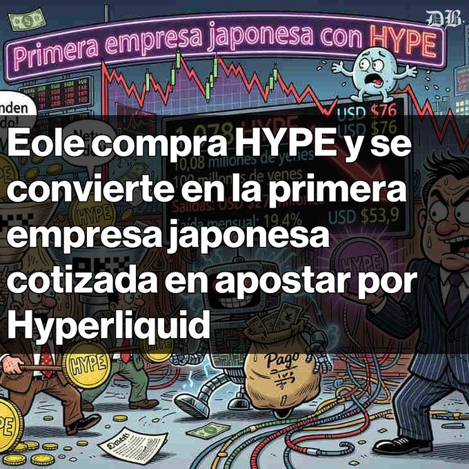 An illustrated graphic titled 'Primera empresa japonesa con HYPE' states that Eole bought HYPE, becoming the first listed Japanese company to bet on Hyperliquid.