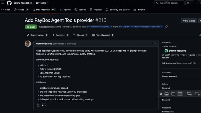 A GitHub Pull Request titled 'Add PayBox Agent Tools provider #215' on the solana-foundation/pay-skills repository, opened by matthewsharos, requesting to add @deepeget/agent-tools with payment compatibility for x402 v2, Solana mainnet USDC, and Base mainnet USDC.