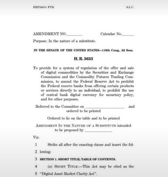 This image shows an official U.S. Senate document (H.R. 3623) titled "Financial Innovation and Technology for the 21st Century Act," which is an amendment related to digital commodities, securities, and SEC-CFTC jurisdiction over digital asset markets.

The document aligns with the post's call to pass the CLARITY Act, as it represents legislative efforts to establish a clearer regulatory framework for the digital asset and cryptocurrency industry in the United States.