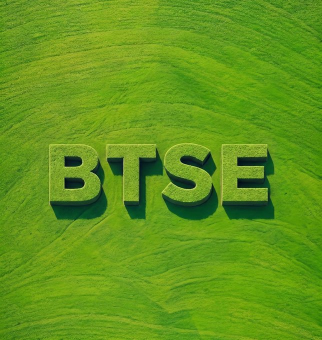 The letters 'BTSE' are rendered as 3D green grass-textured blocks on a swirling green surface.