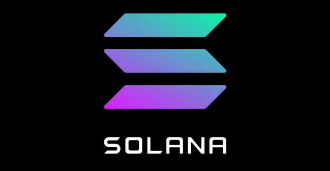 The Solana cryptocurrency logo featuring its signature three stacked parallelogram design with gradient colors on a black background.
